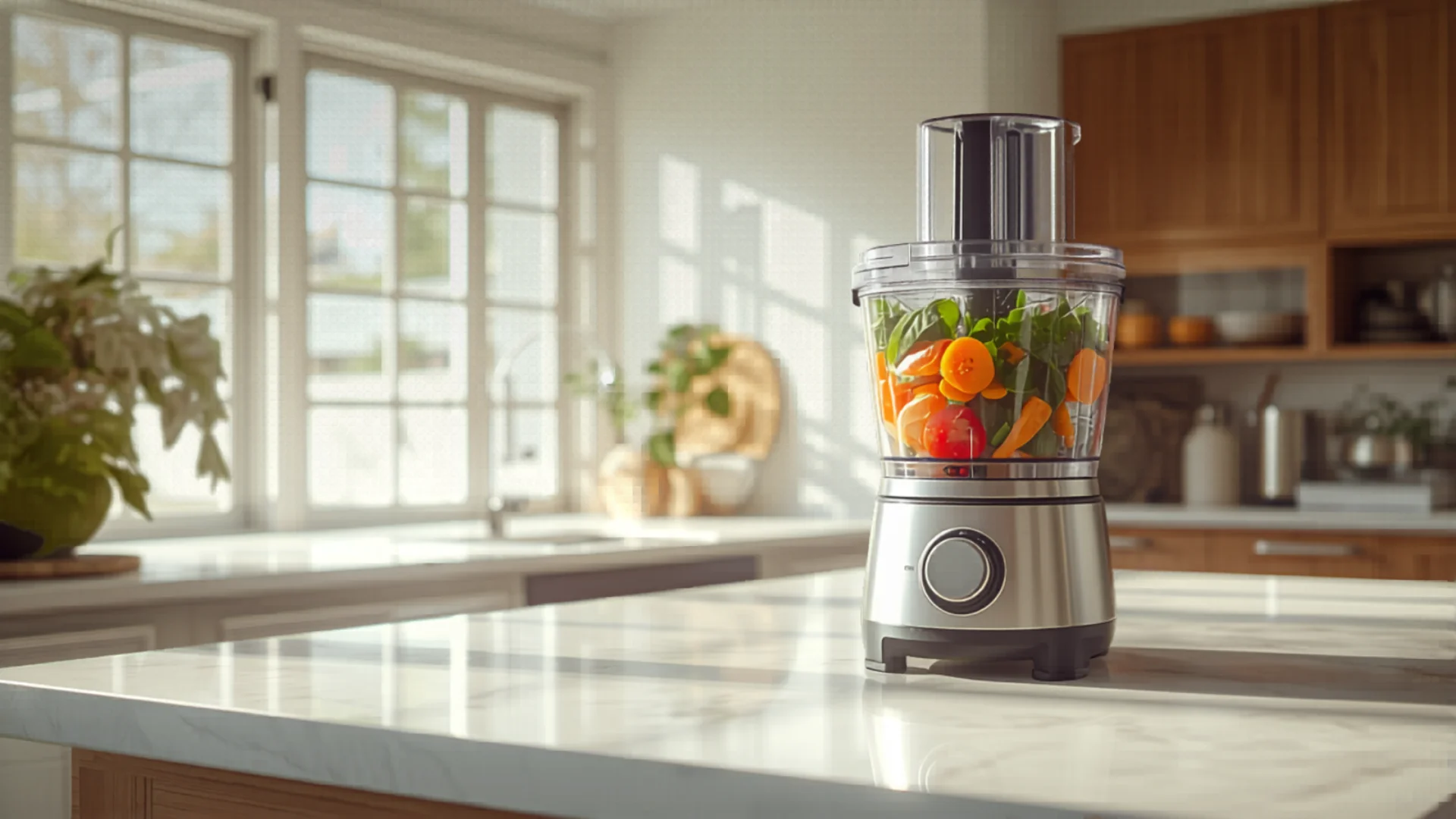 Food processor on kitchen counter with fresh vegetables being chopped