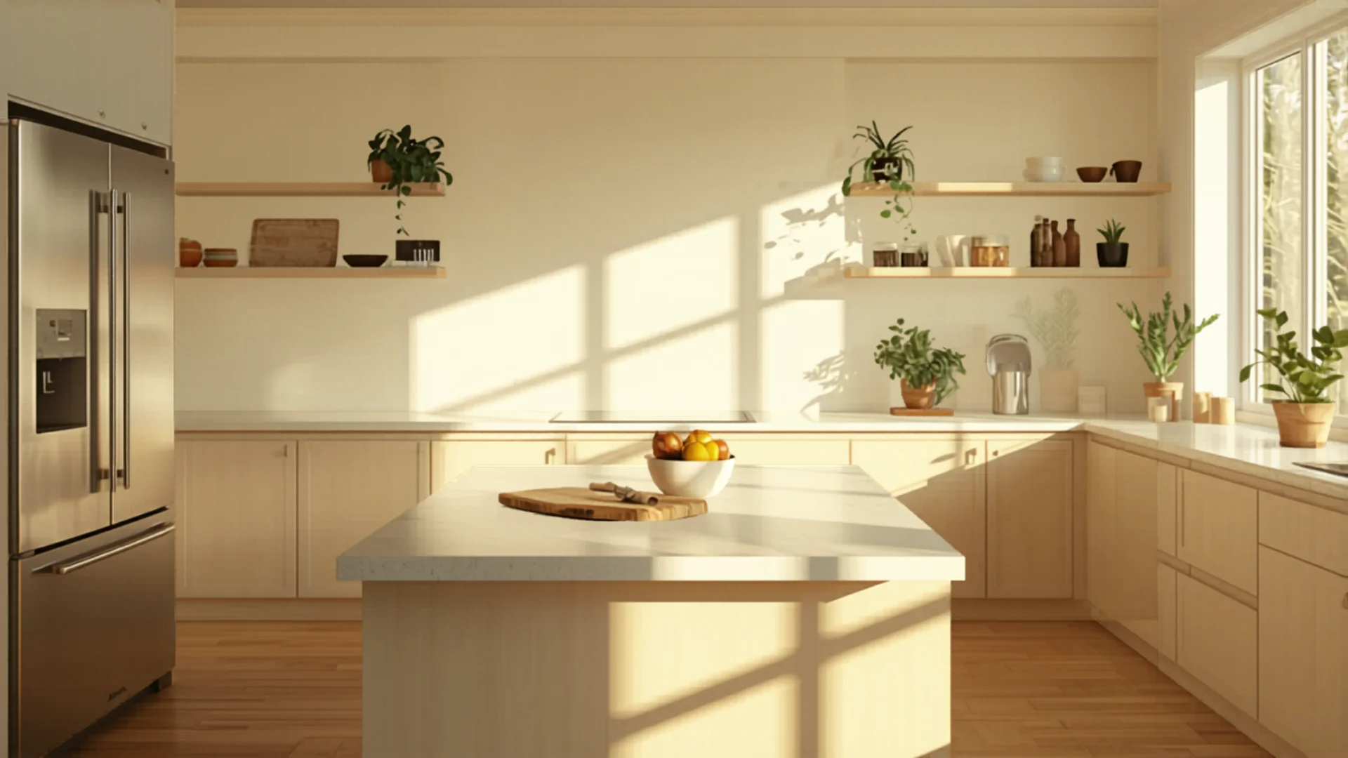 Bright Australian family kitchen with large refrigerator