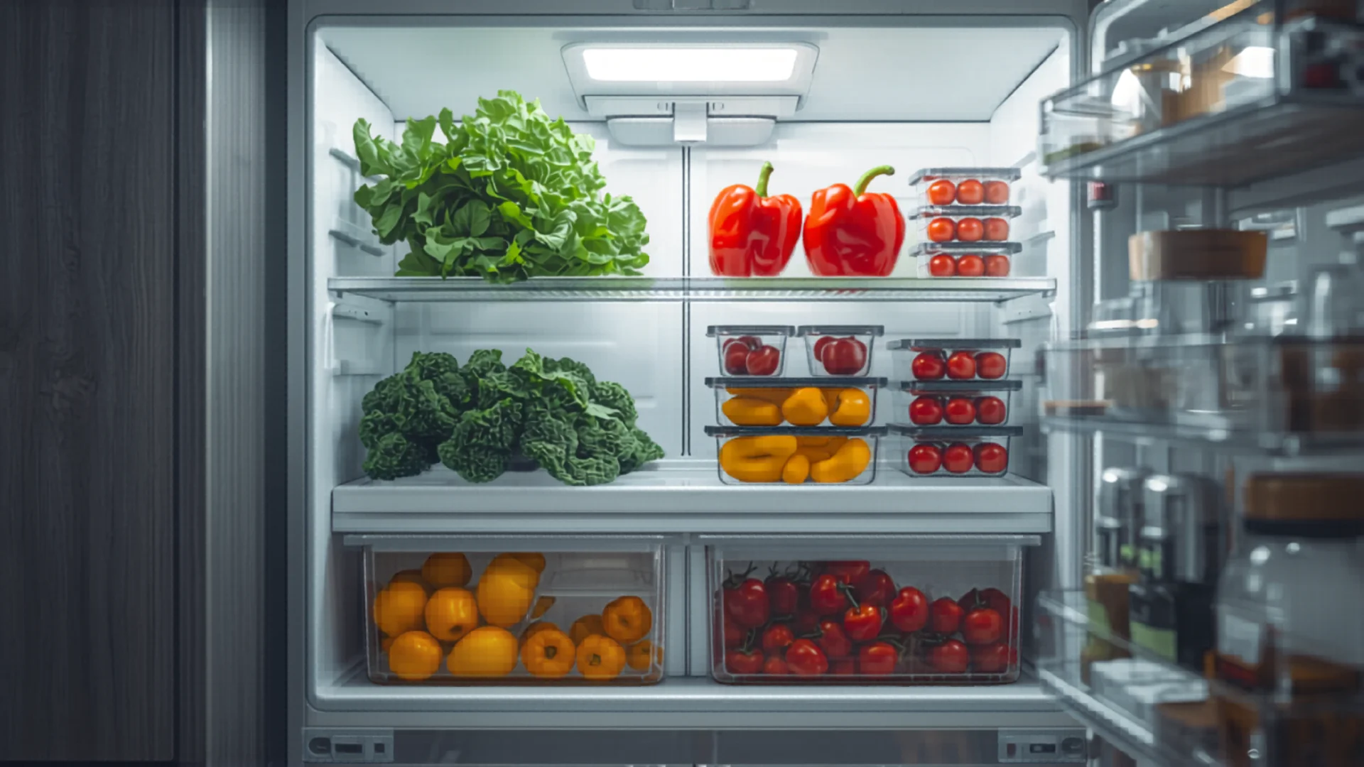 Open fridge showcasing organized shelves with fresh Australian groceries