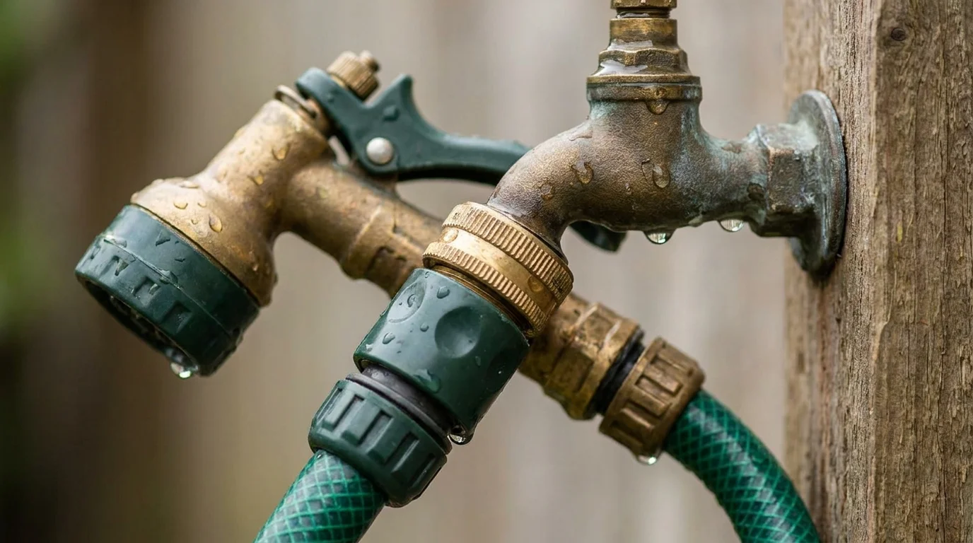 Close-up of brass and click-on hose fittings connecting a garden hose to an outdoor tap