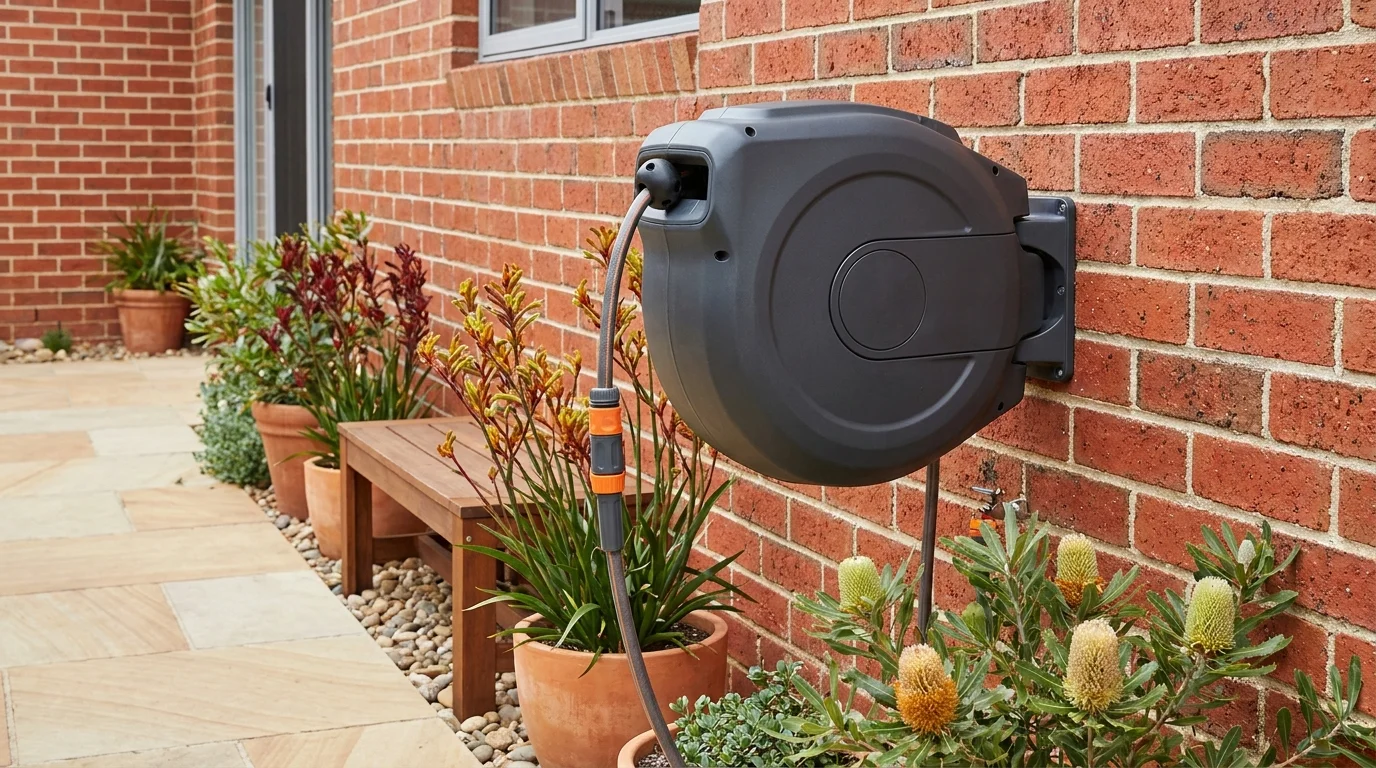 Wall-mounted retractable garden hose reel installed on a brick wall in an Australian courtyard