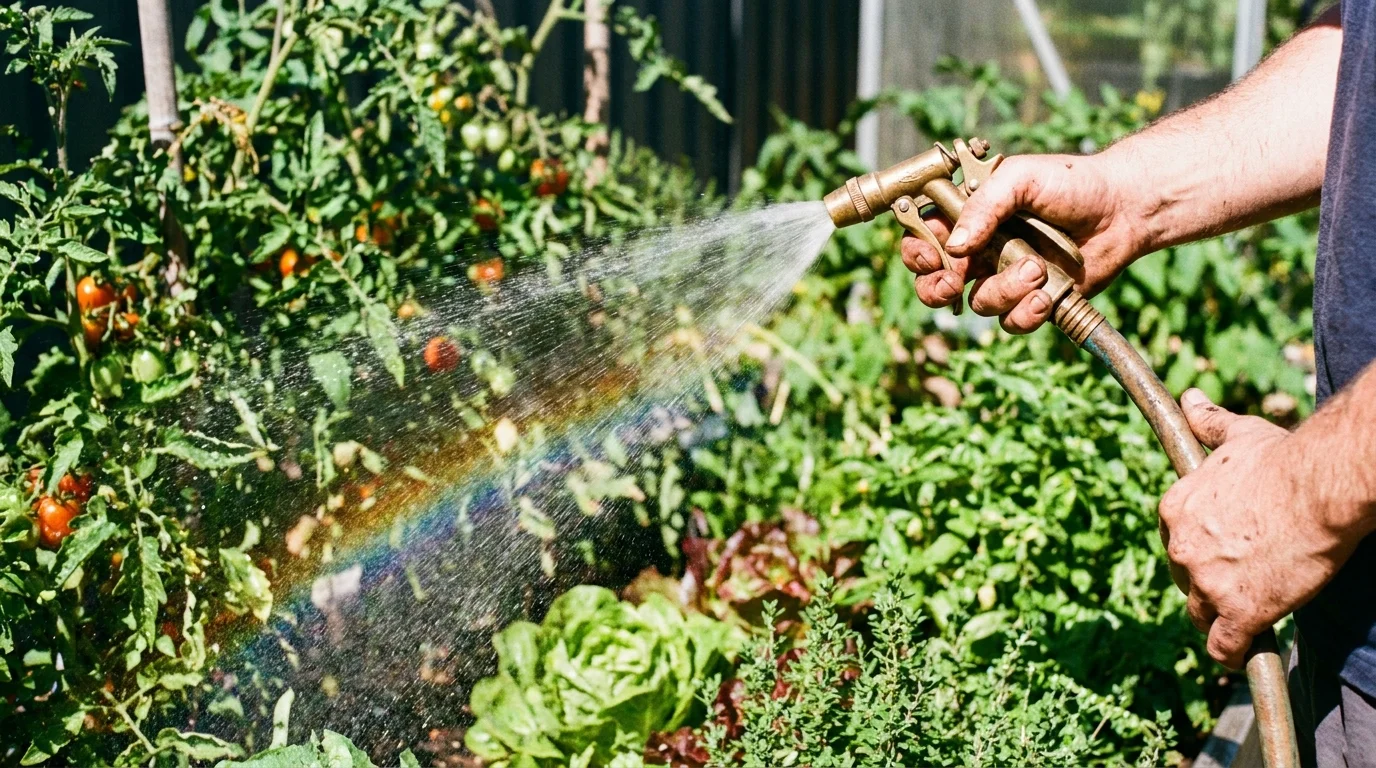 Person watering a lush Australian backyard garden with a green hose on a sunny day