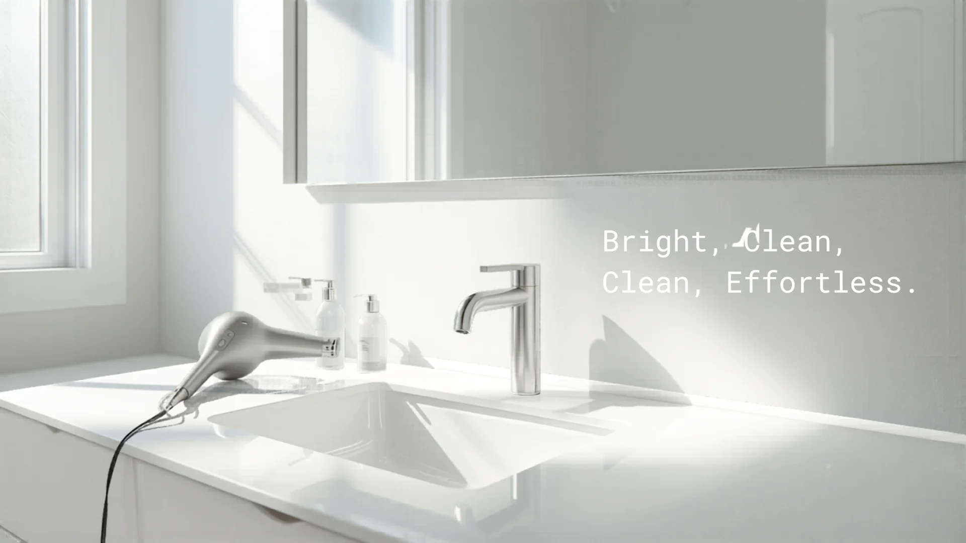 Modern bathroom vanity with hair dryer and styling products