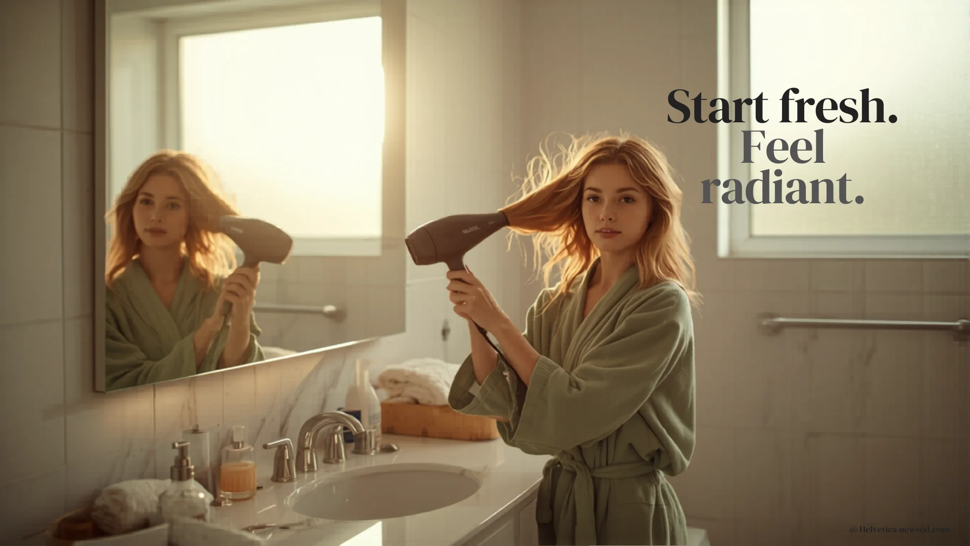 Person blow drying hair in bright modern bathroom