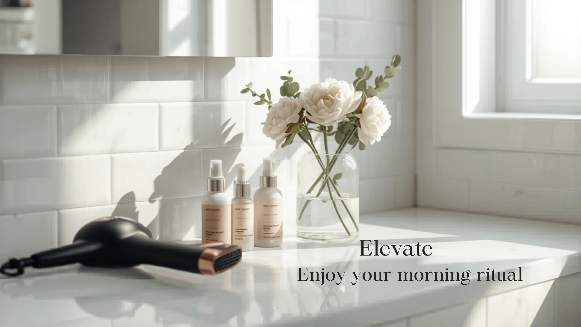 Organized bathroom vanity with hair tools and beauty products