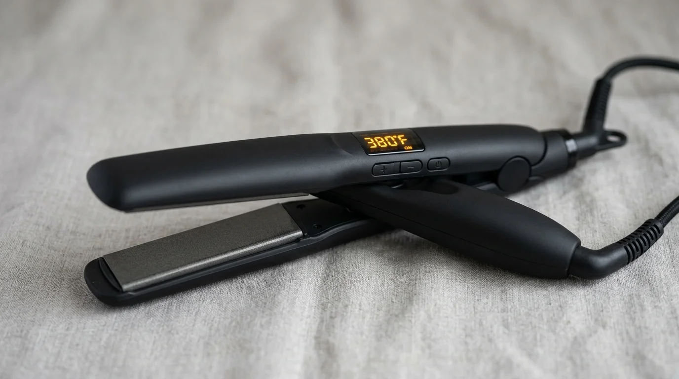 Close-up of a ceramic hair straightener with a digital temperature display