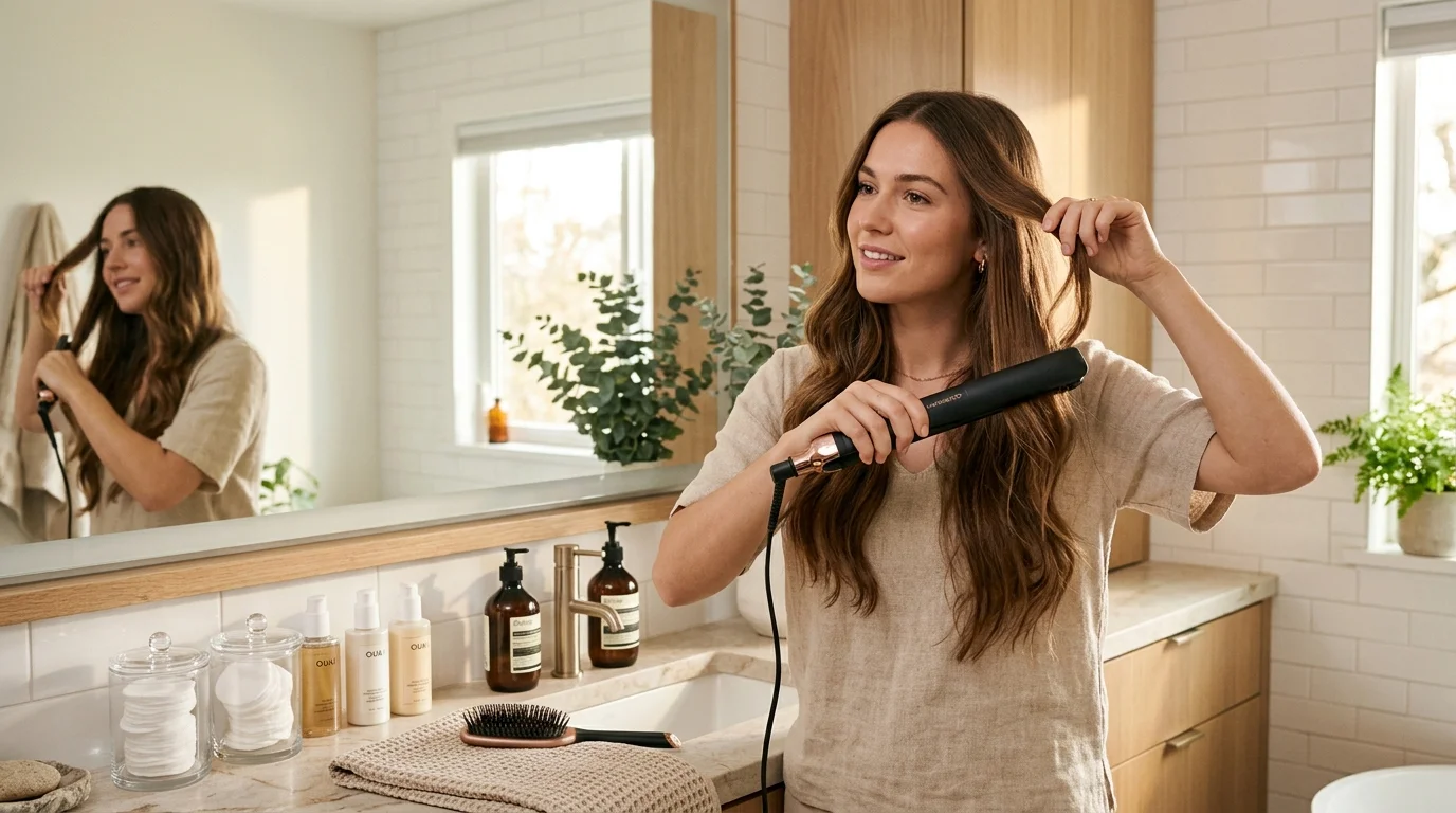 Woman straightening her hair at a bright modern bathroom vanity