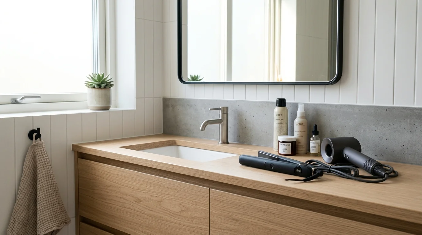 Organised bathroom vanity with hair straightener and styling products
