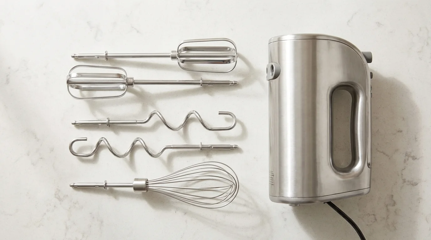 Hand mixer beaters, dough hooks and a wire whisk laid out on a kitchen benchtop