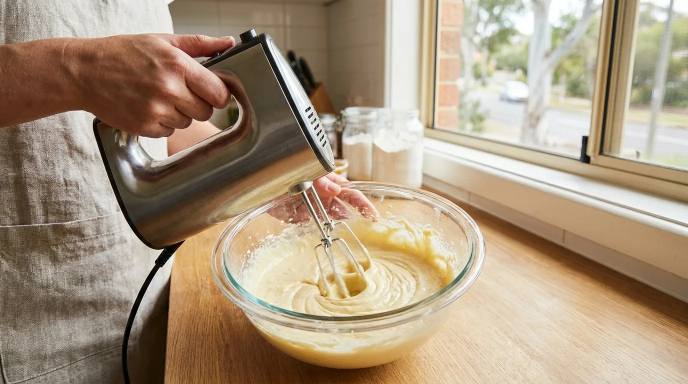 Hand mixer creaming butter and sugar in a glass bowl on an Australian kitchen benchtop