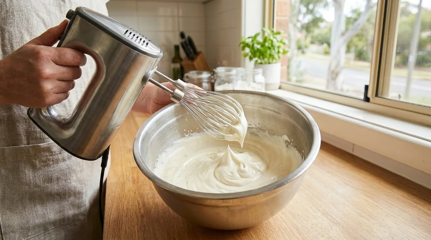 Hand mixer whipping cream to stiff peaks in a metal bowl