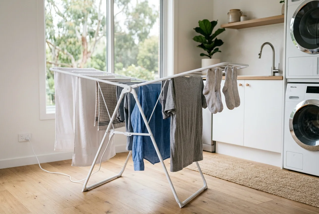 Heated clothes airer drying washing in a bright Australian laundry room
