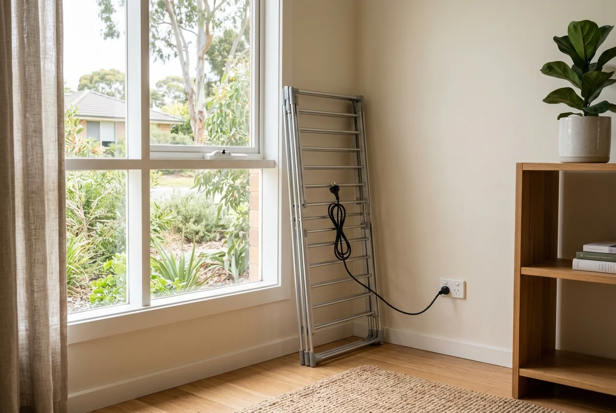 Folded heated clothes airer beside a window in a tidy Australian home