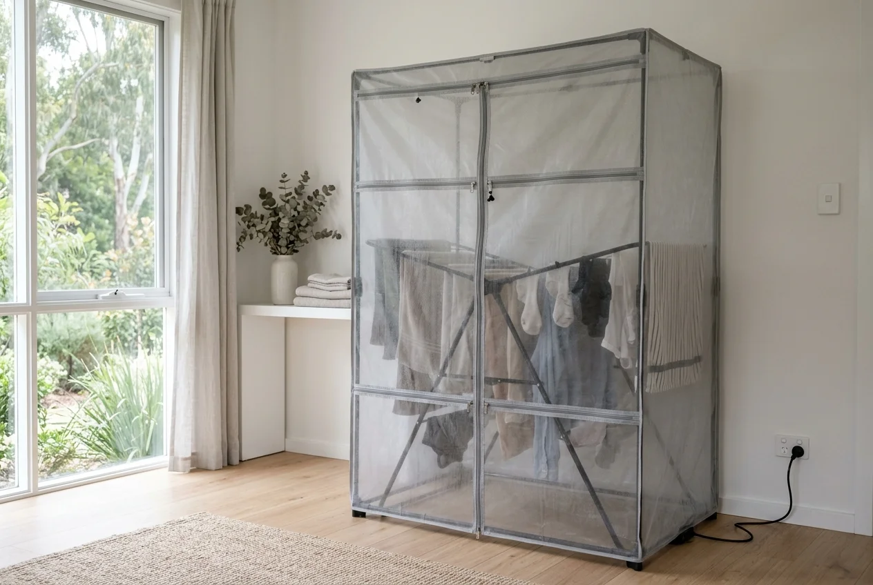 Heated clothes airer with a zip-up cover trapping heat to dry washing faster