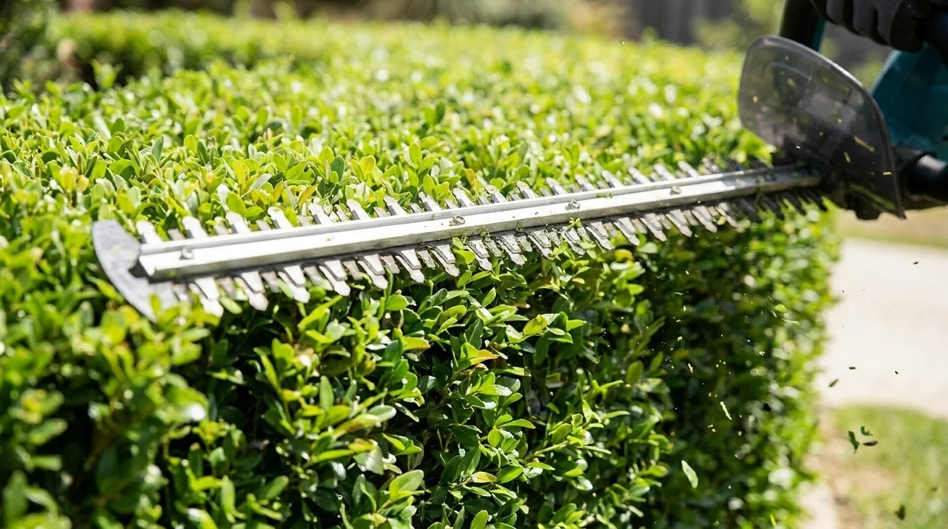 Close-up of a dual-action hedge trimmer blade cutting through green hedge foliage