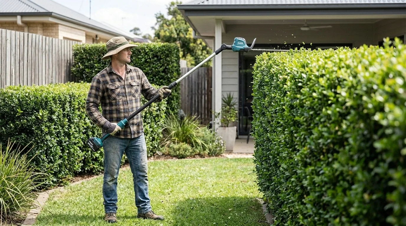 Tall green hedge in an Australian garden being shaped with a long-blade hedge trimmer