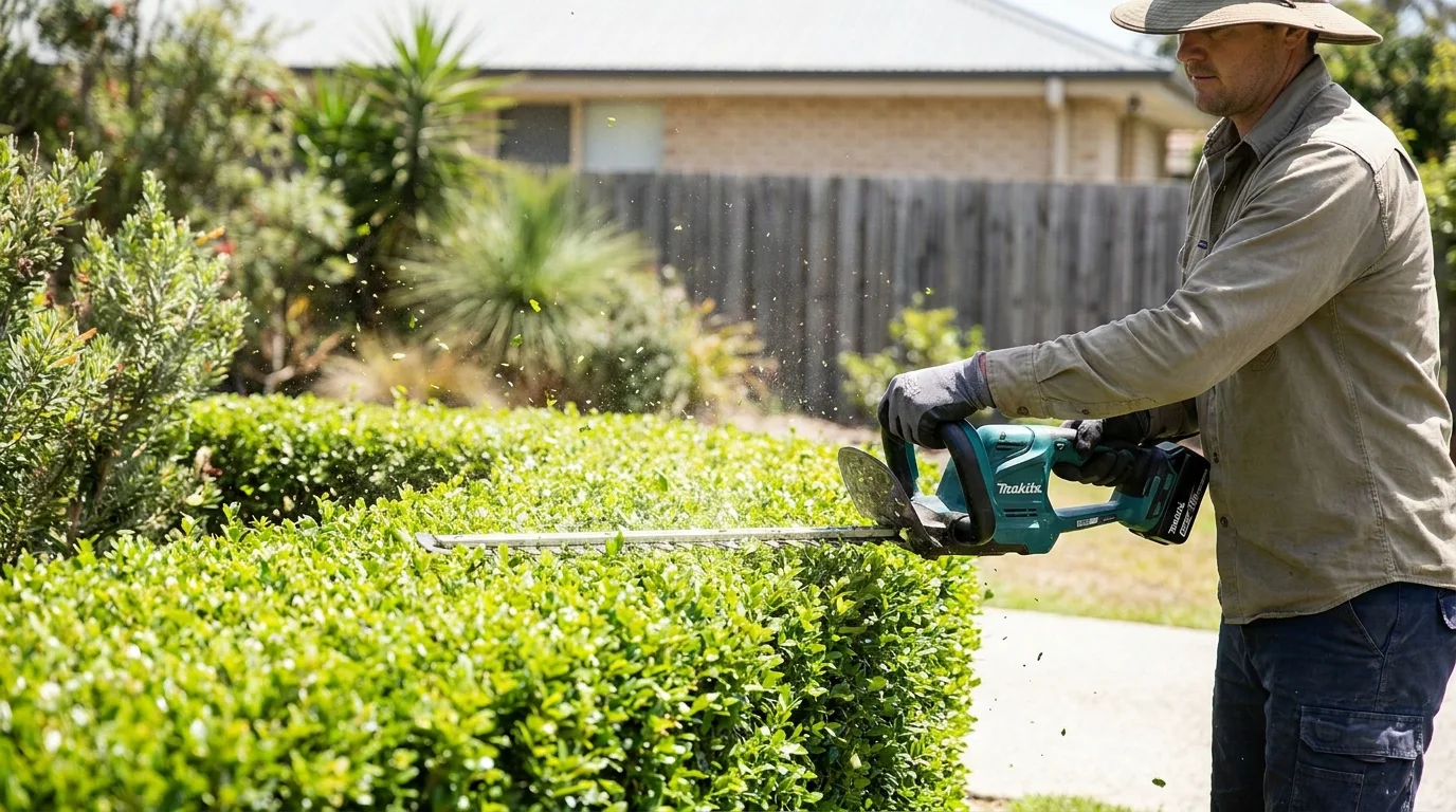 Person trimming a green suburban hedge with a cordless hedge trimmer at an Australian home