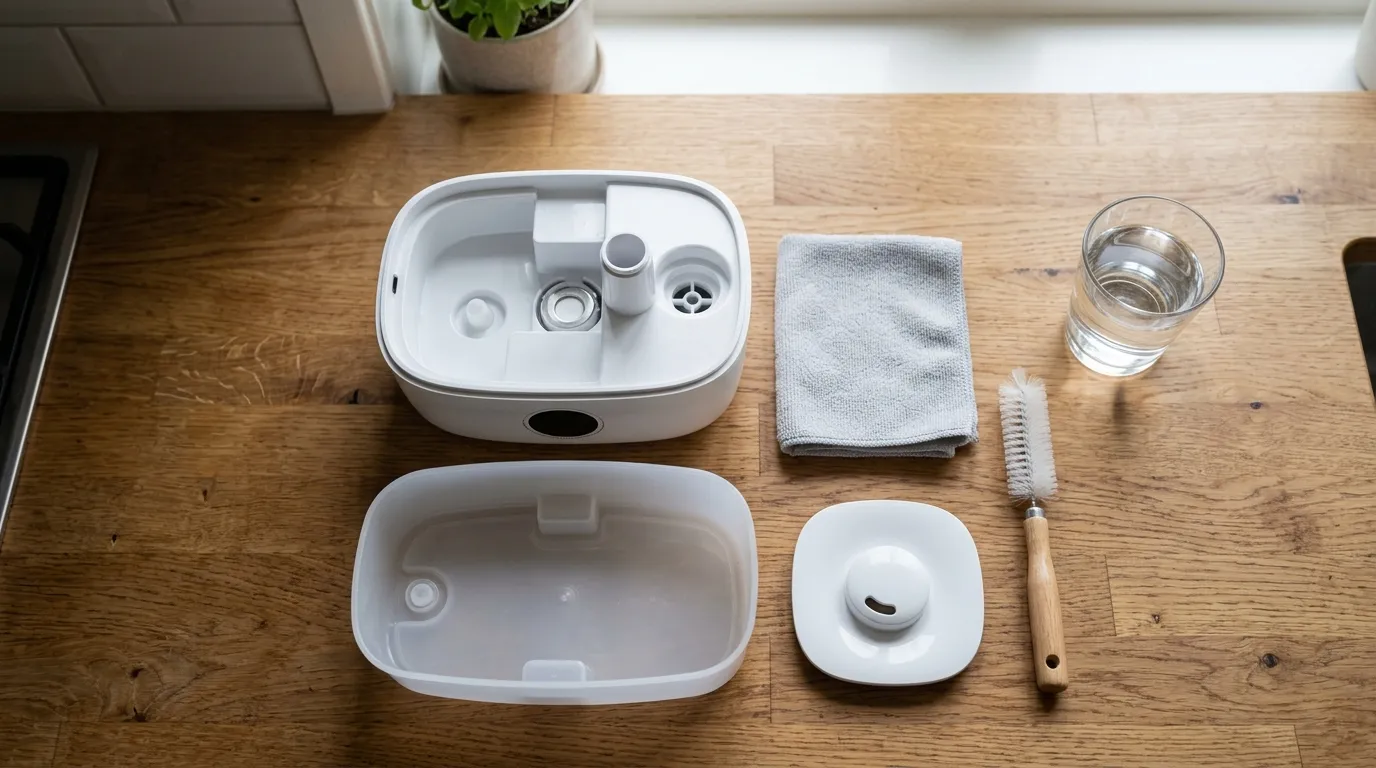 Hands cleaning the inside of a humidifier tank with white vinegar and a soft brush on a kitchen bench