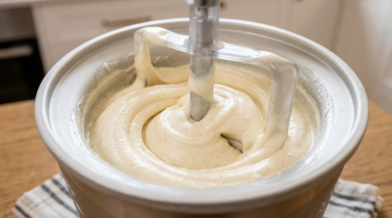 Ice cream base being churned to a smooth soft-serve texture inside an ice cream maker bowl