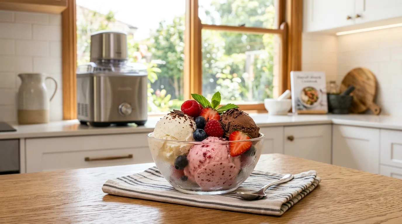 Three scoops of homemade ice cream in different flavours served in a glass bowl