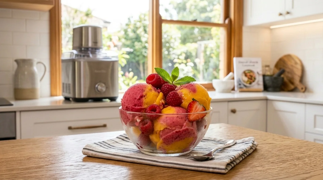 Scoops of bright homemade fruit sorbet in a bowl with fresh berries