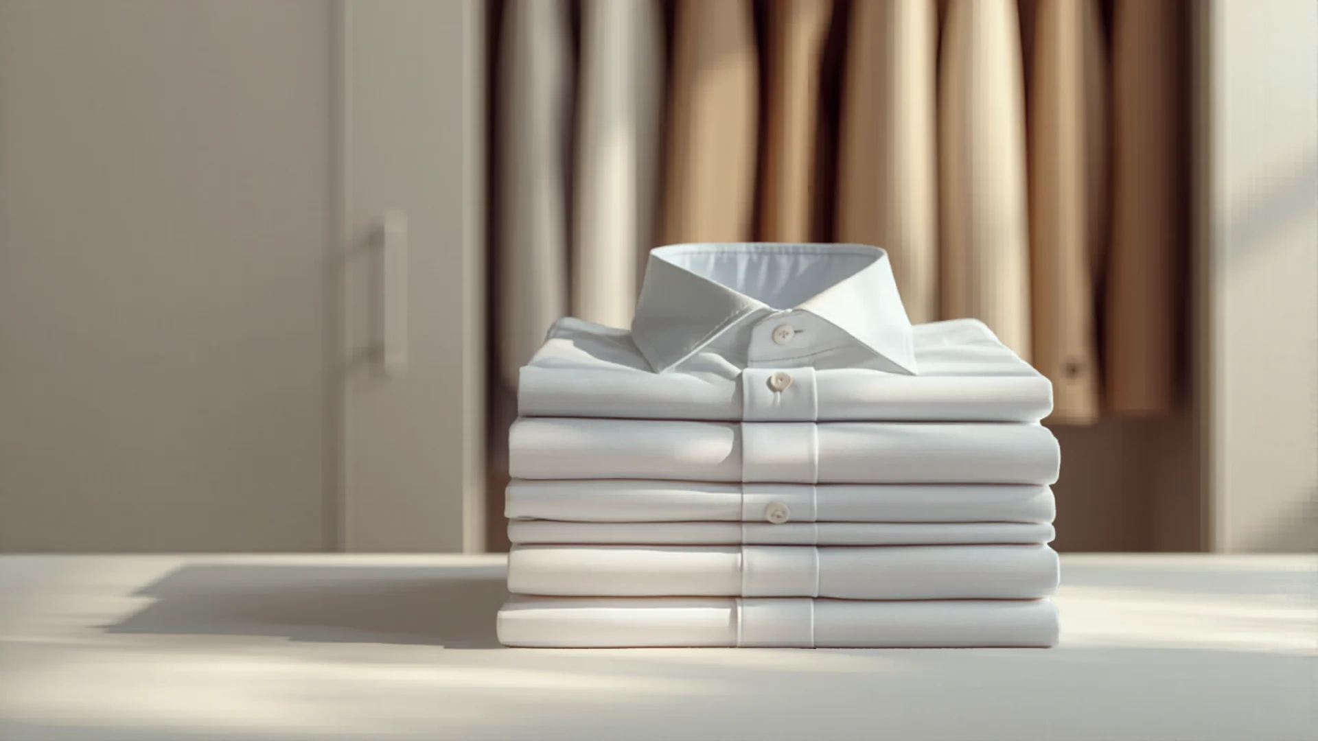 Neatly pressed business shirts on clean white surface