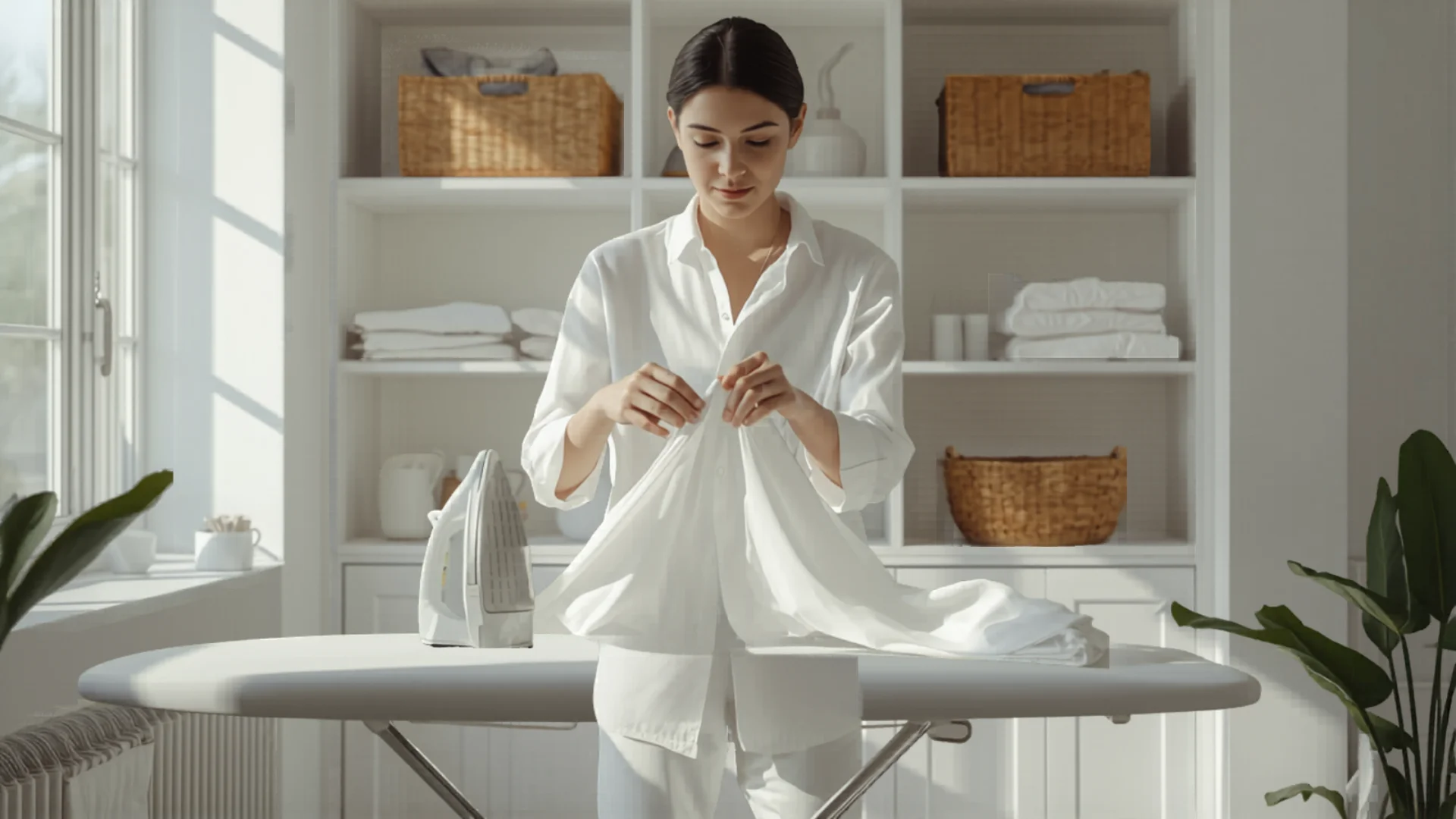 Person ironing crisp white shirt in bright modern laundry room