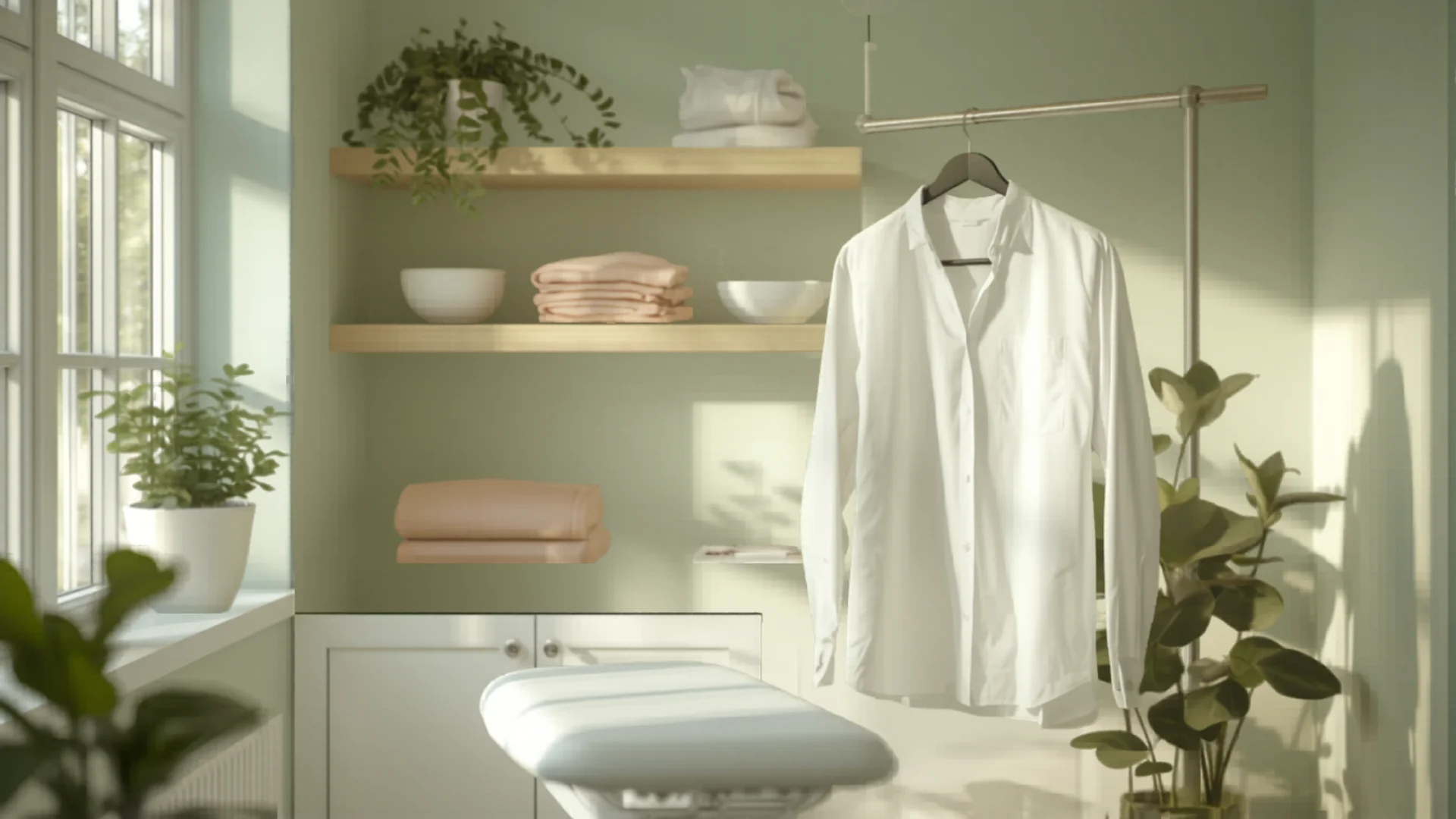 Modern laundry room with ironing board and freshly pressed clothes