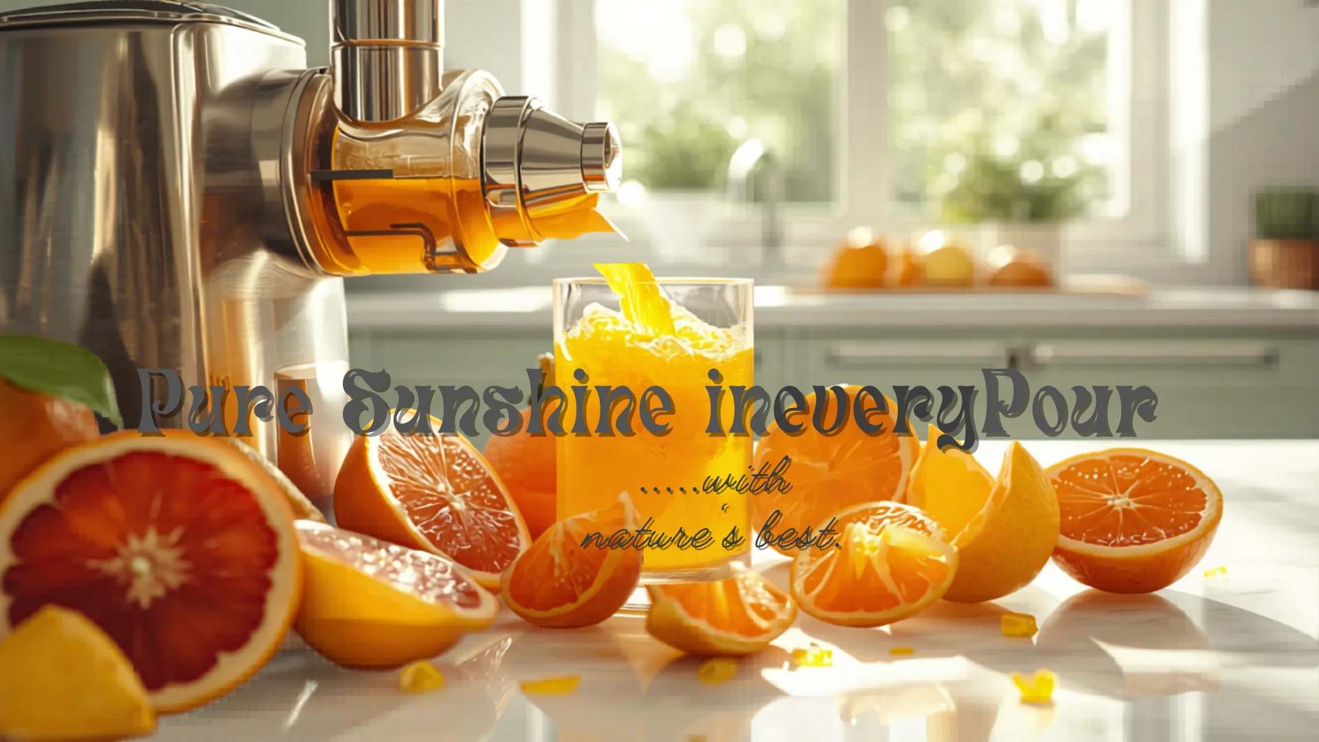 Fresh orange juice being poured into glass next to modern juicer