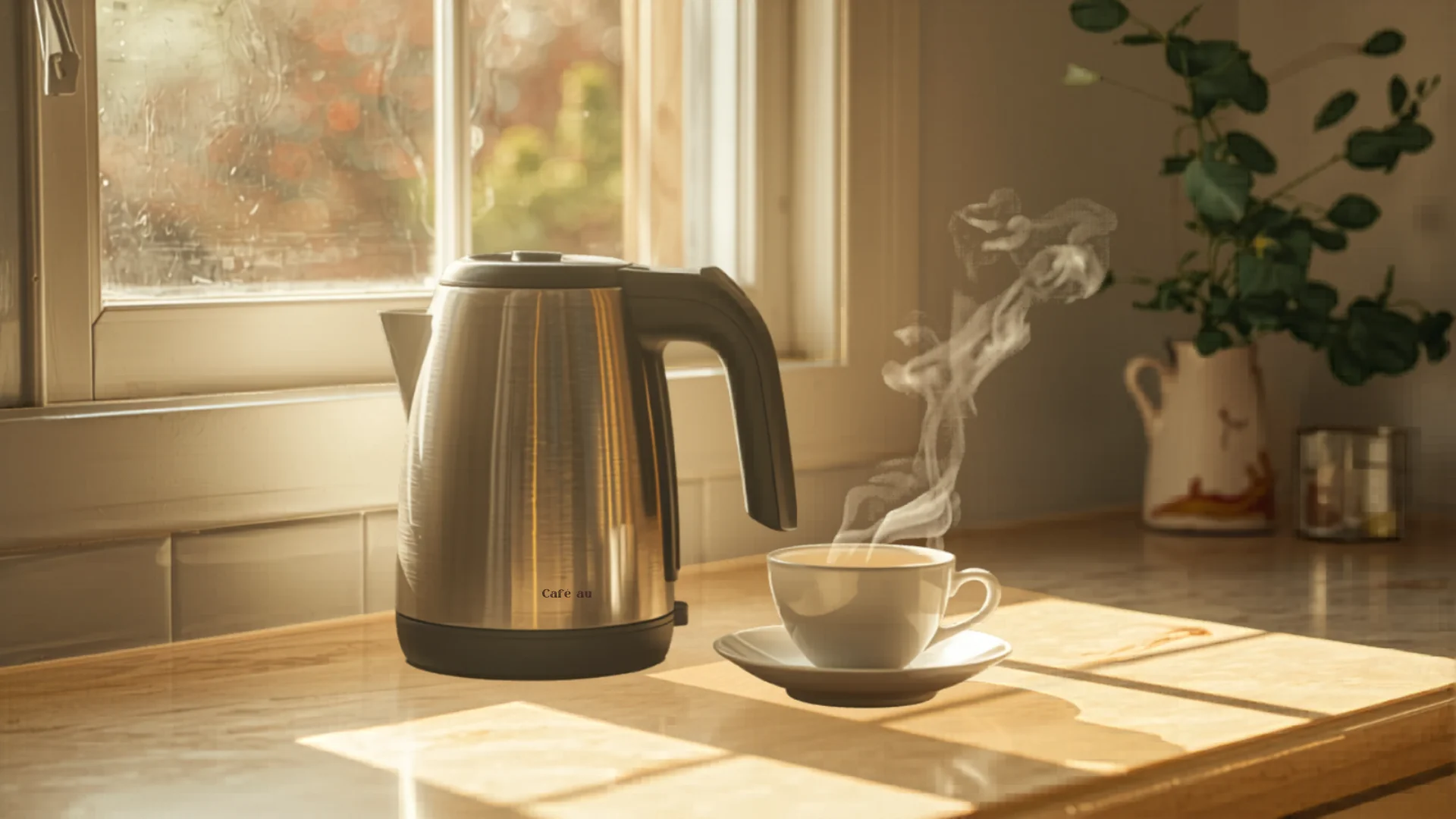 Stainless steel kettle in bright Australian kitchen during morning tea