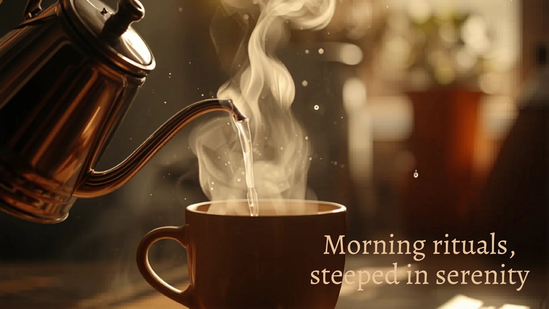 Steam rising as hot water pours from kettle into ceramic mug