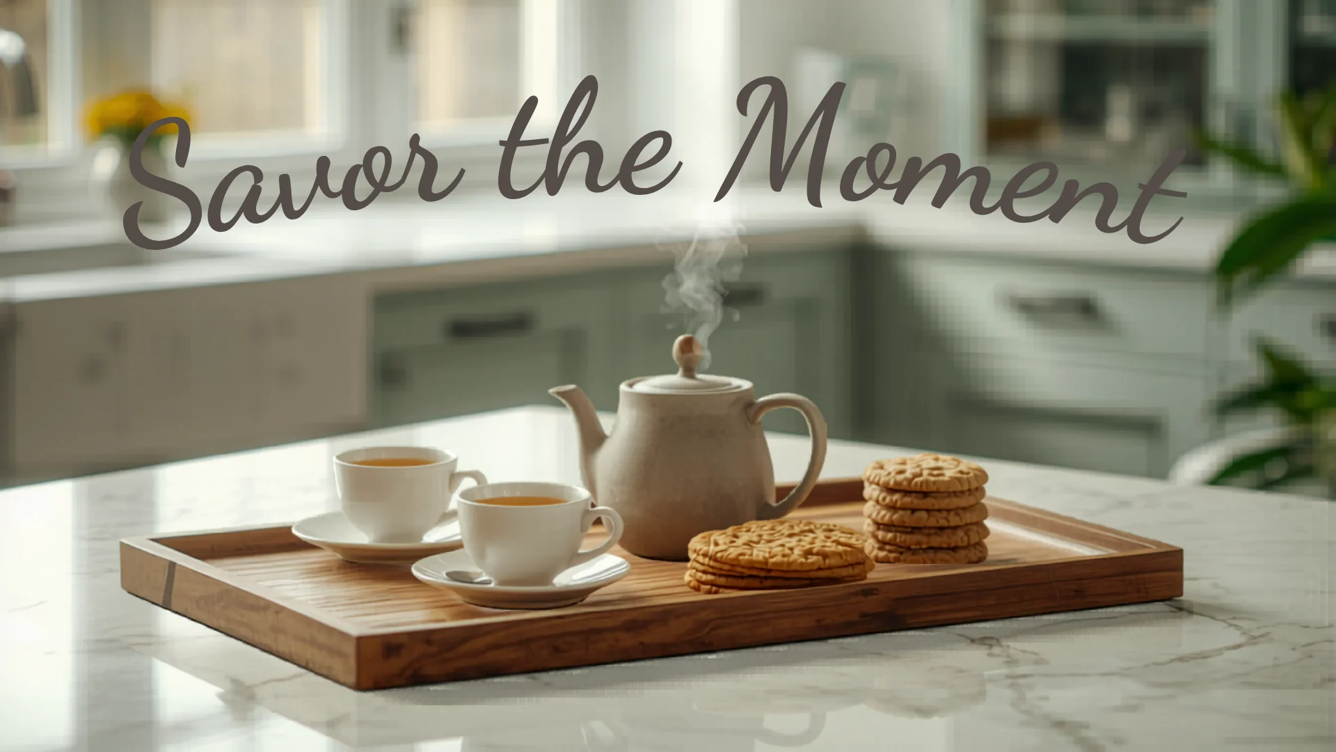 Elegant tea setup with kettle and mugs on wooden tray