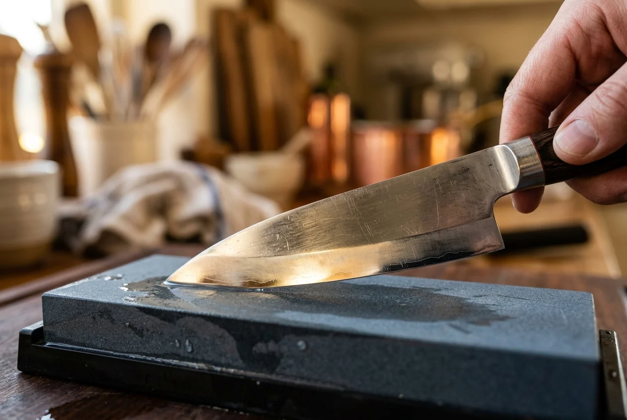 Close-up of a knife edge being sharpened at a precise angle on a guided system
