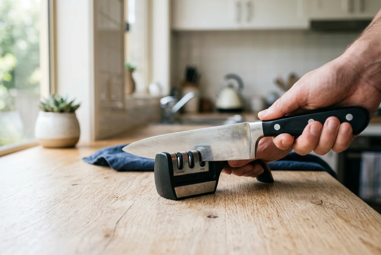 Chef's knife being sharpened on a kitchen bench in a bright Australian kitchen
