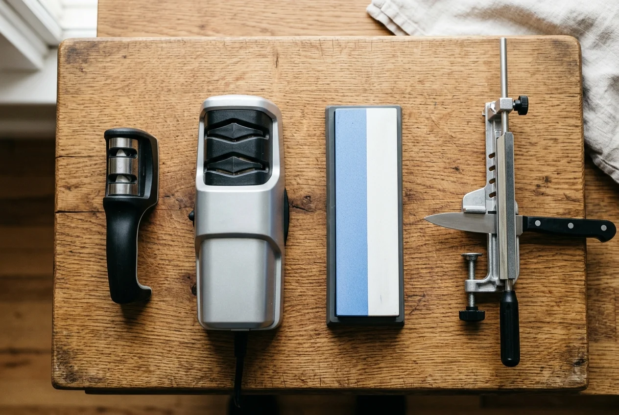 Different types of knife sharpener arranged on a wooden kitchen bench