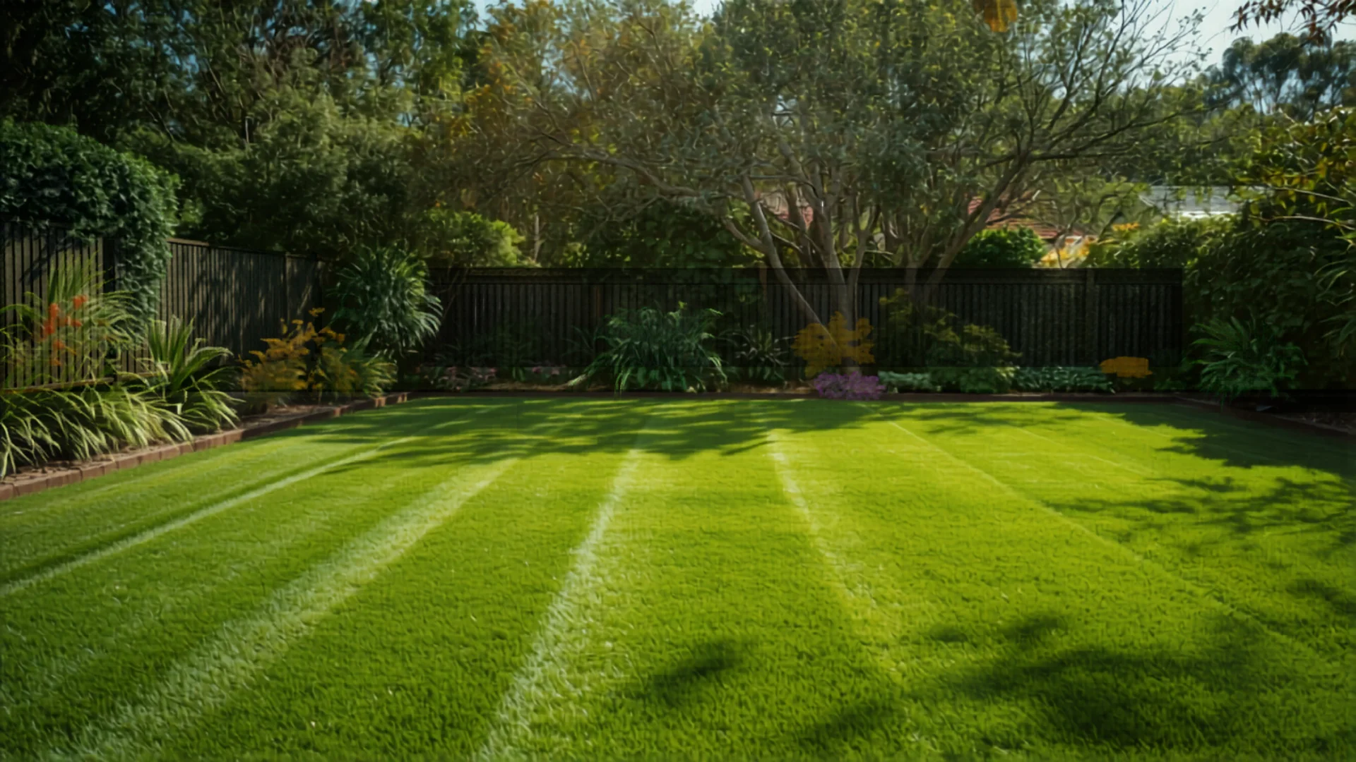 Beautifully manicured green lawn in bright Australian suburban backyard