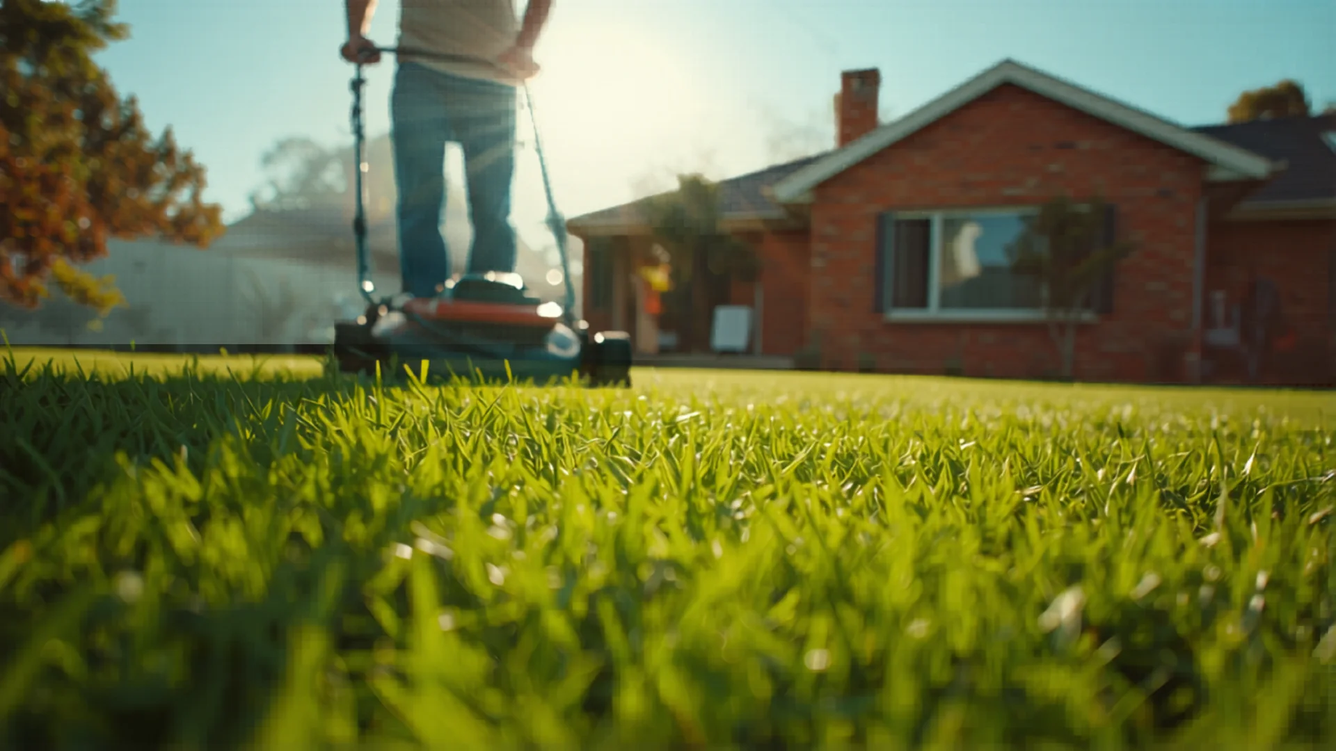 Person mowing lawn with modern cordless lawn mower in Australian backyard