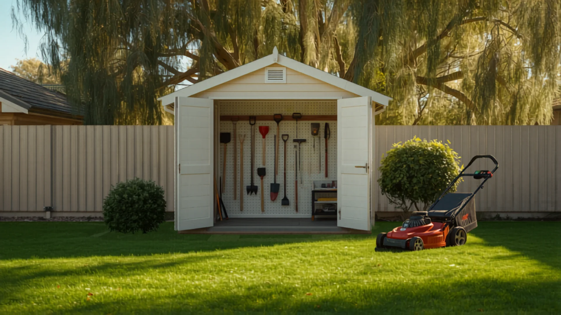 Modern lawn mower stored in organized Australian garden shed