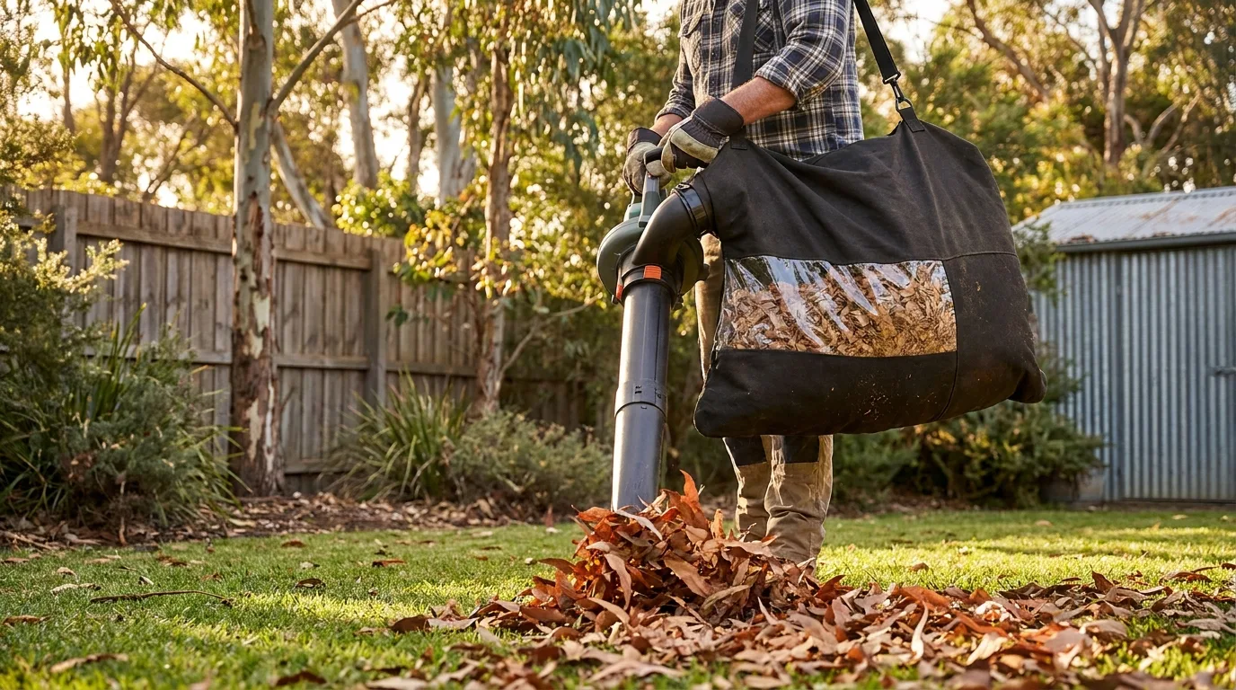 Garden blower-vacuum collecting and mulching autumn leaves into a collection bag in an Australian backyard
