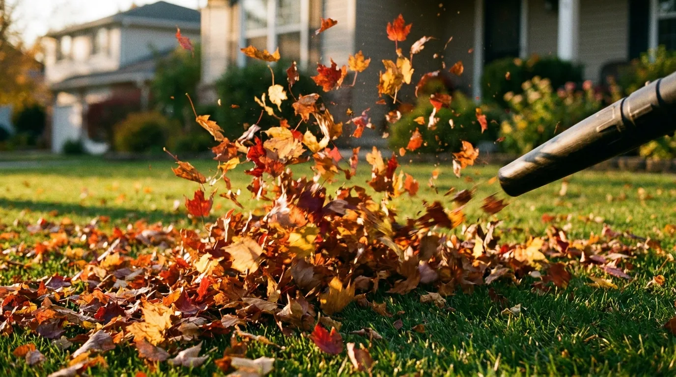 Person blowing autumn leaves off a driveway with a leaf blower at an Australian home