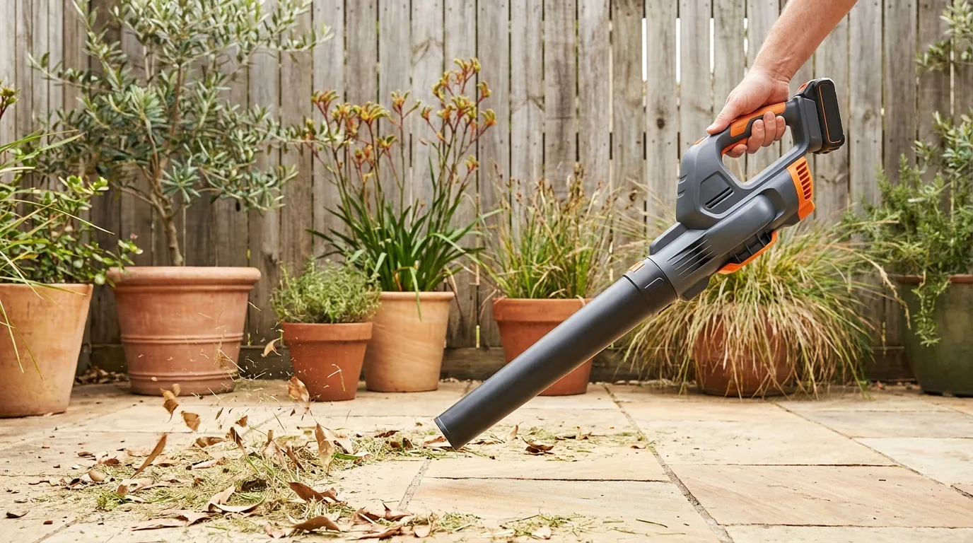 Lightweight cordless battery leaf blower being used in a small Australian courtyard garden
