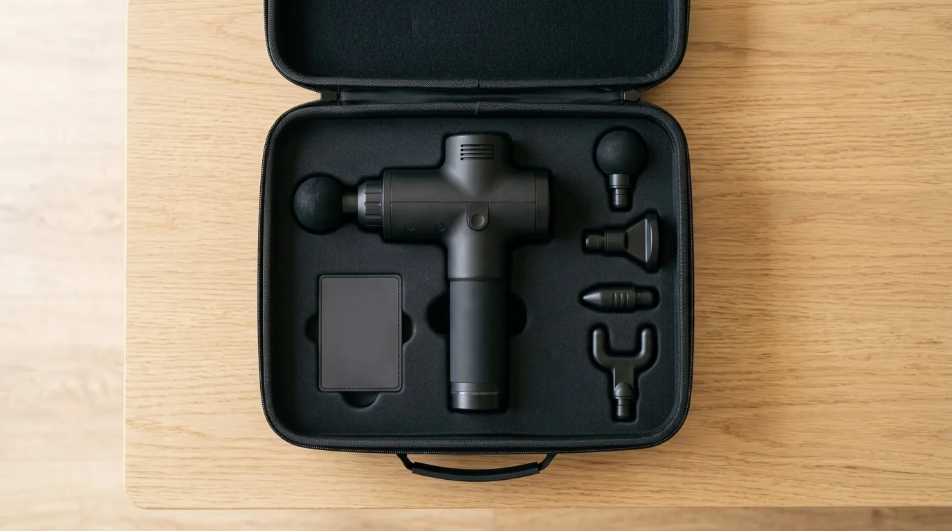 A set of interchangeable massage gun heads laid out beside the device