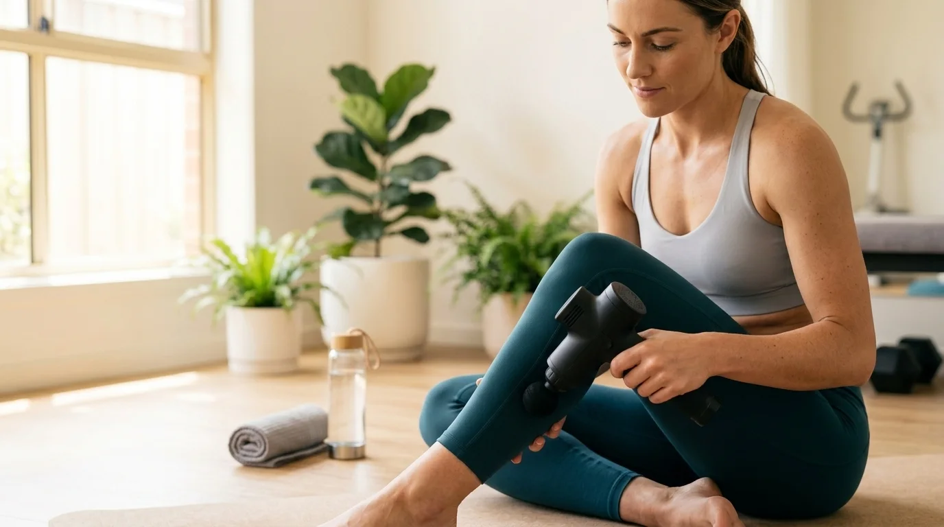 A person using a cordless massage gun on their calf muscle after a workout