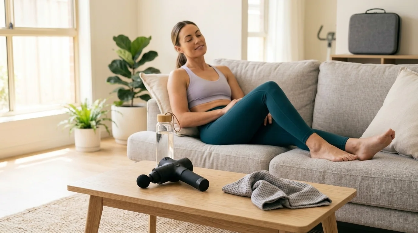 A person relaxing at home after a recovery session with a massage gun on the table