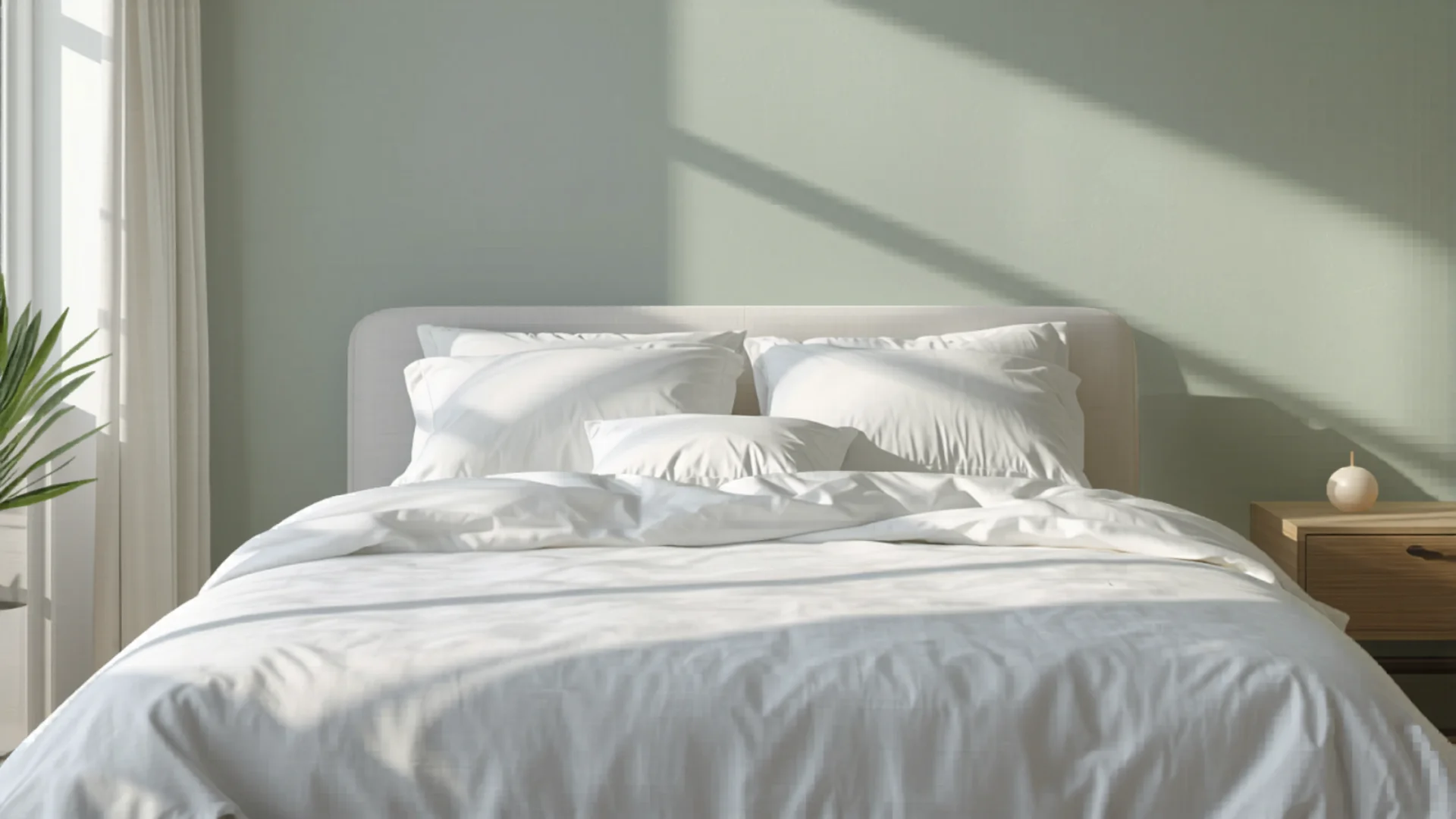 Neatly made bed with crisp white sheets and fluffy pillows