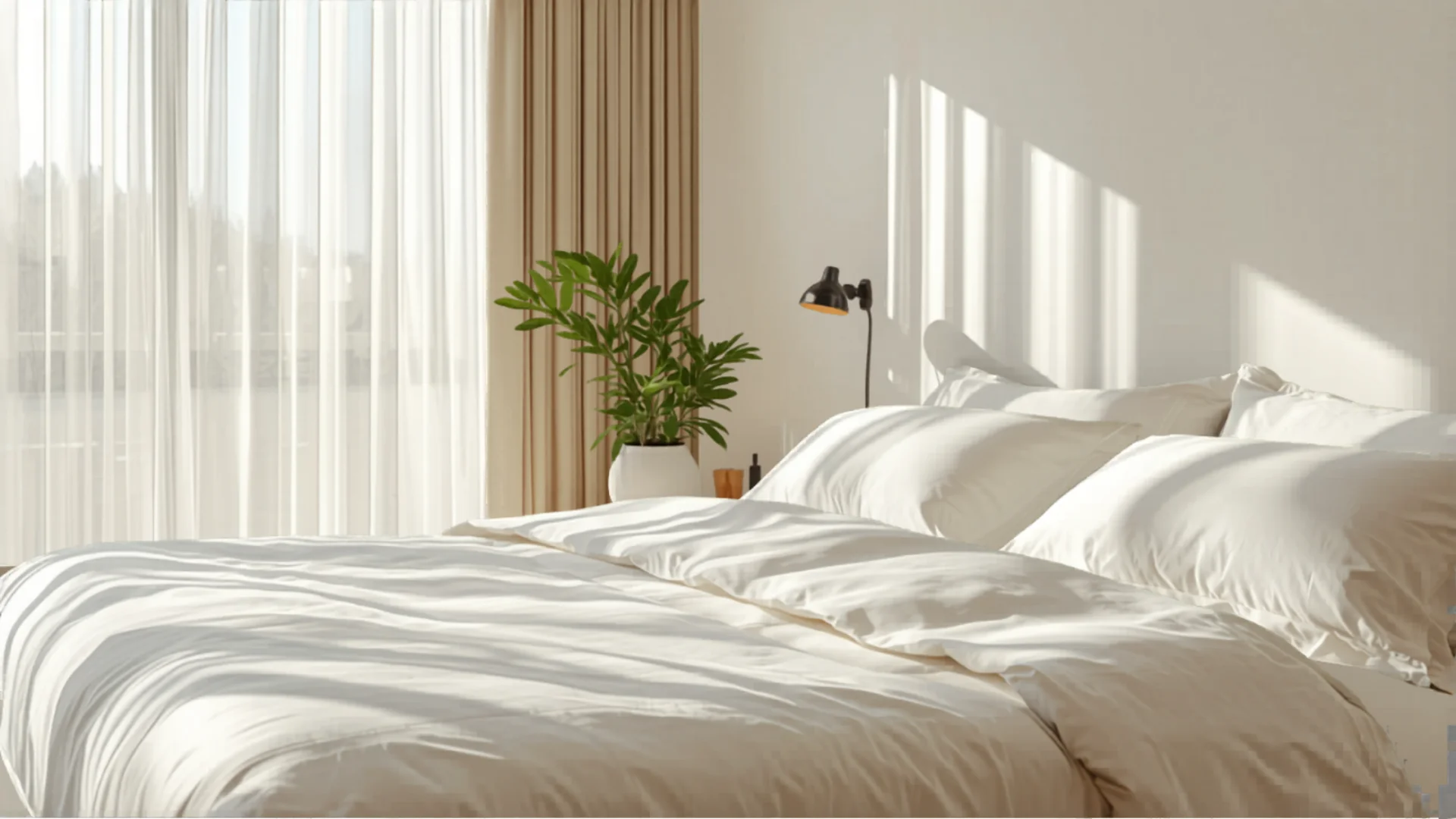 Luxurious modern bedroom with comfortable bed and morning sunlight