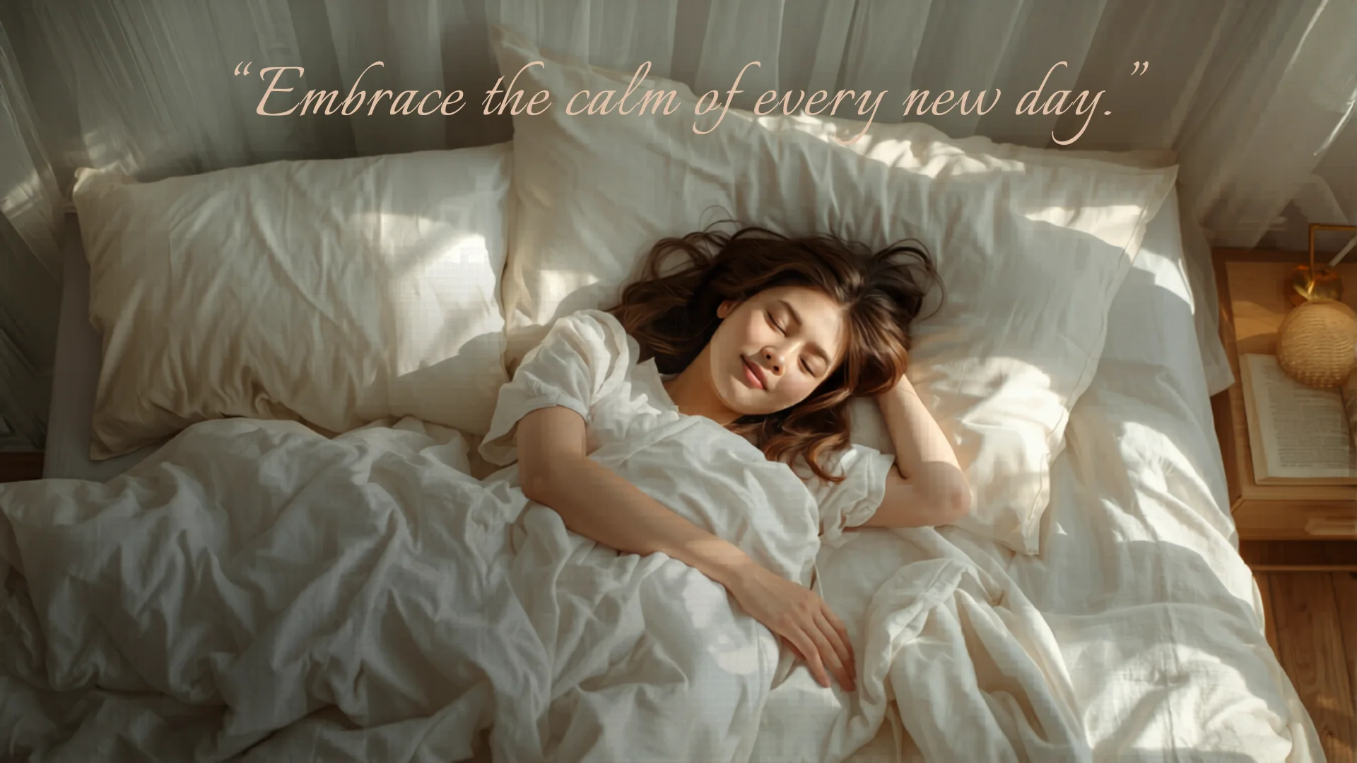 Person sleeping peacefully on comfortable white bed in cozy bedroom
