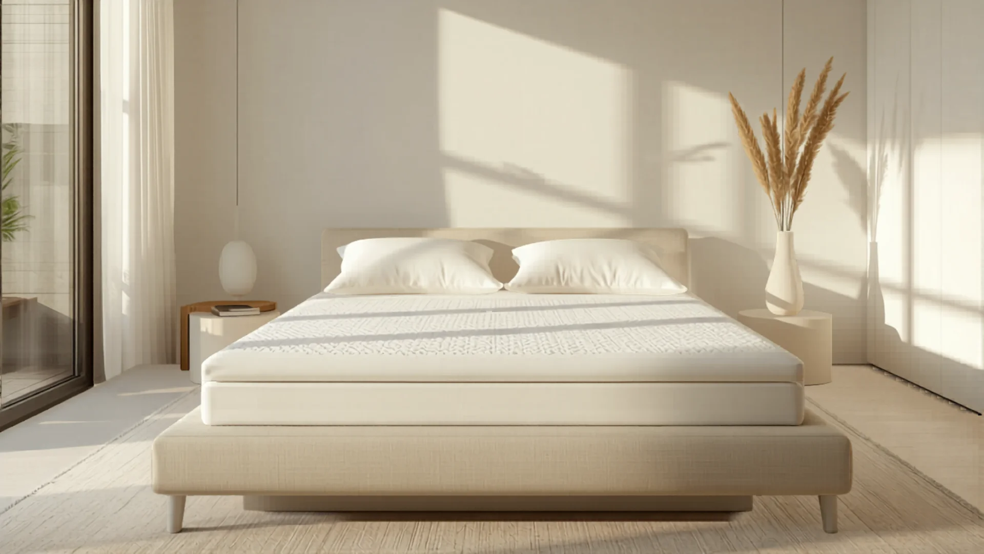 Luxurious cozy bedroom with plush memory foam mattress topper and white linen