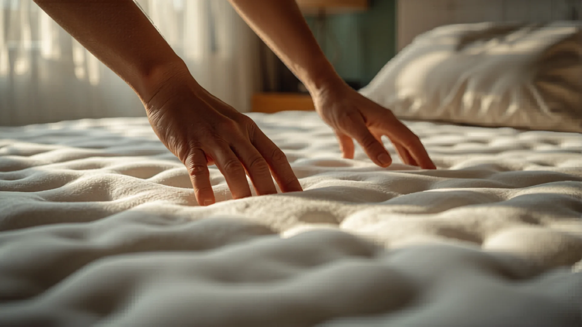 Close-up of soft plush memory foam mattress topper texture