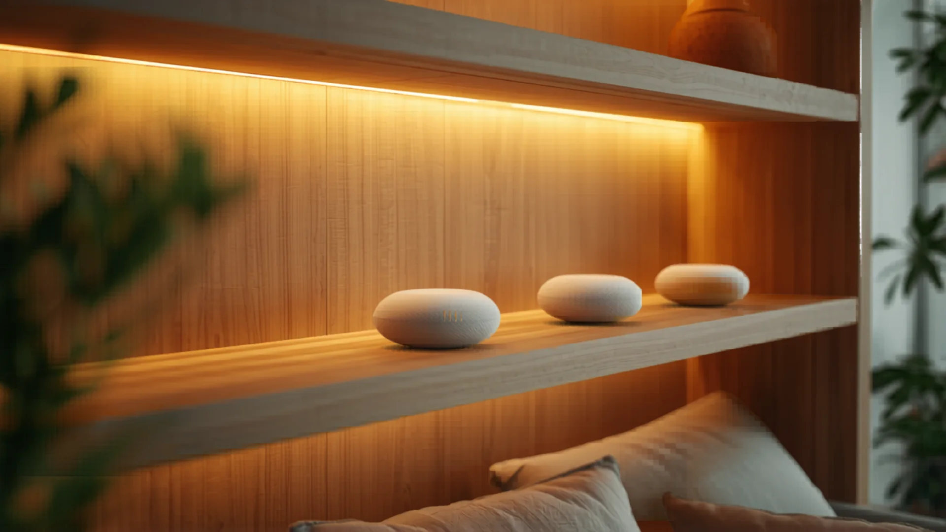 Modern Australian home with mesh wifi router nodes on shelves